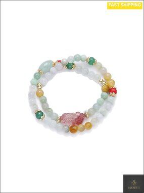 14K Gold Crystal Pearl Jade Stacked Bracelet Handcrafted Gift